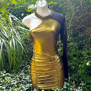 💫$ALE!⚡️VINTAGE⚡️Bebe one shoulder , gold, black cocktail dress *worn once